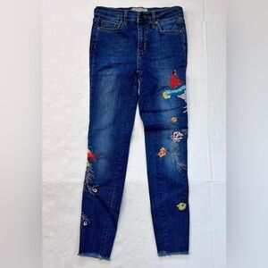 Free People Jeans Jr Size 24 Peacock Embroidered Blue Denim‎ Frayed Hem Skinny